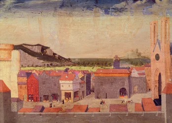 Die Chartreuse du Val de Bénédiction, der öffentliche Platz, (Detail) aus der Krönung der Jungfrau, 1453-54